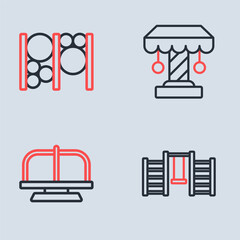 Fototapeta premium Set line Attraction carousel, Swedish wall and Playground climbing equipment icon. Vector