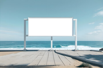 Blank billboard on the beach with sea in the background. 3d rendering