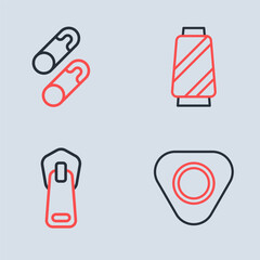 Set line Sewing thread on spool, Zipper, chalk and Closed steel safety pin icon. Vector