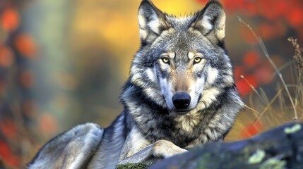 Obraz premium Close-Up Portrait of Grey Wolf (Canis Lupus) in Natural Habitat, Majestic and Powerful Predator