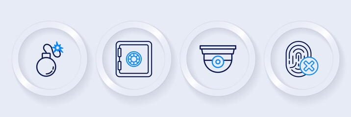 Set line Cancelled fingerprint, Security camera, Safe and Bomb icon. Vector