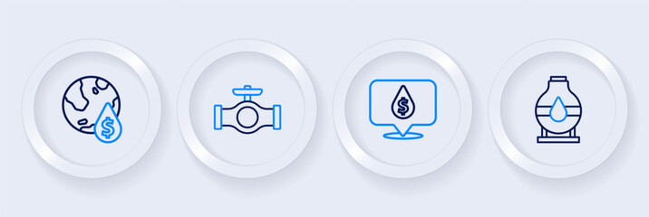 Set line Oil tank storage, drop with dollar symbol, pipe valve and icon. Vector