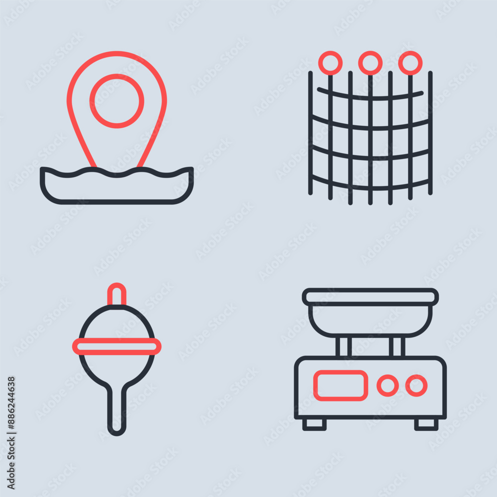 Poster set line fishing net pattern, float, electronic scales and location fishing icon. vector