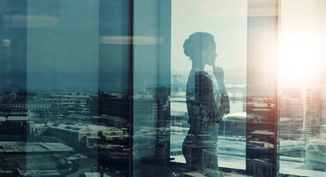 Thinking, office and woman at window in city with planning, inspiration and business development management. Ideas, reflection and businesswoman at glass with insight, urban growth and brainstorming
