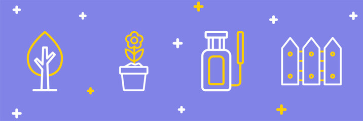 Set line Garden fence wooden, sprayer for water, Flower in pot and Tree icon. Vector