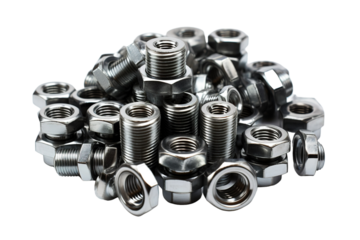 A Pile of Shiny Silver Nuts and Bolts on a White Background on a White or Clear Surface PNG Transparent Background.