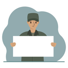 A military man in uniform holds a white sheet of paper in his hands. Concept for advertising, poster, banner. Vector flat illustration