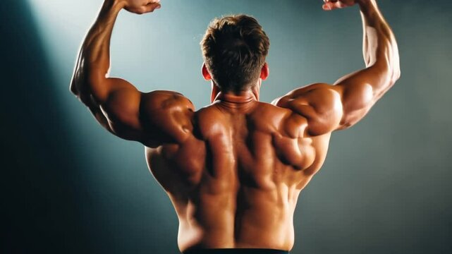 Close-up view of a bodybuilder shirtless man showing his back muscles on camera. Shot in slow-motion. Strong athletic man showing muscular body 4k video