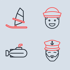 Set line Sailor, Submarine, Captain of ship and Windsurfing icon. Vector