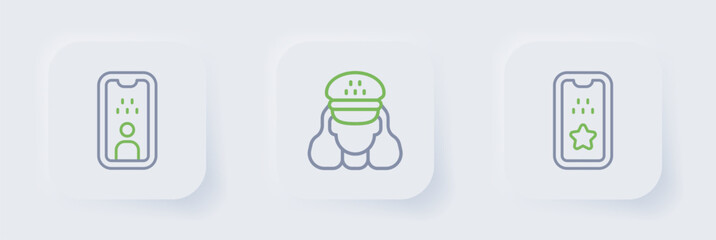 Set line Taxi mobile app, driver and license icon. Vector