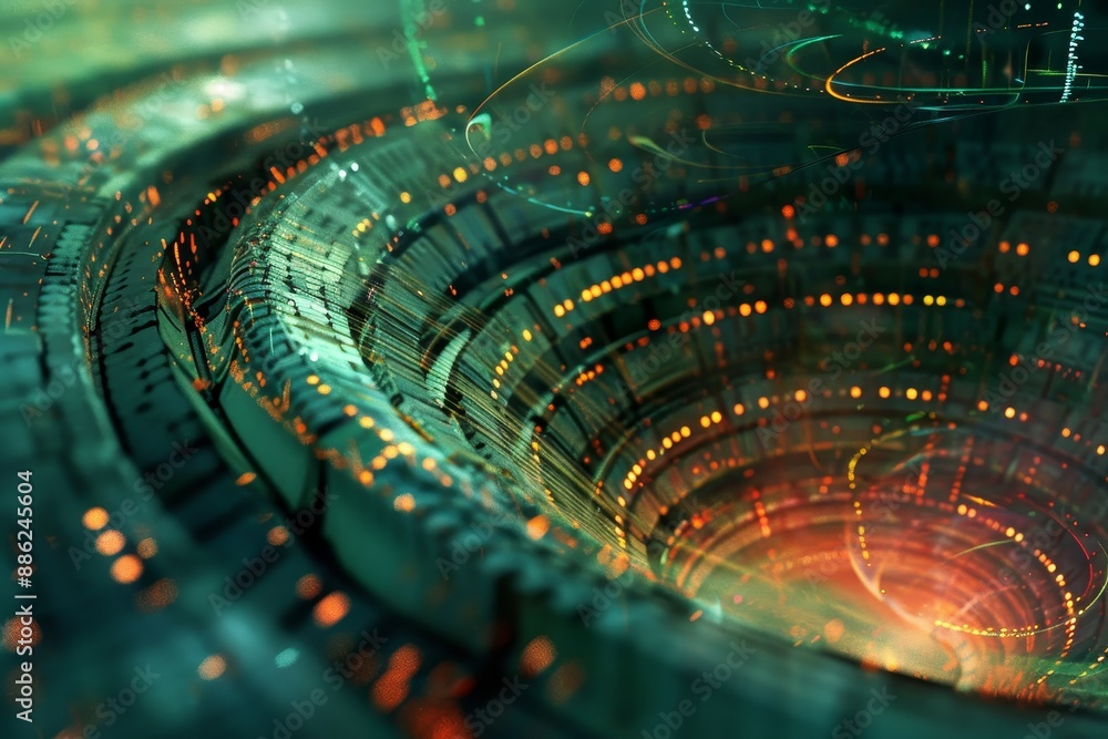 Poster detailed view of a circular object emitting bright lights, create a digital artwork depicting a secu
