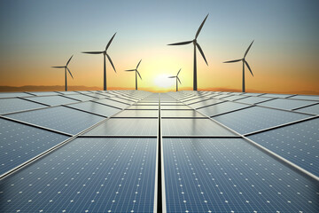 clean energy concept, photovoltaic panels and wind turbines at beautiful sunset background.