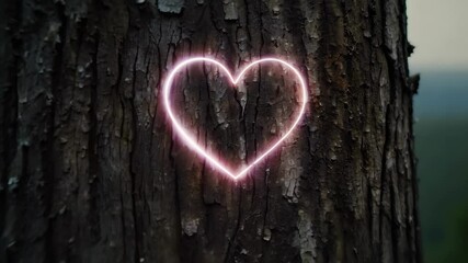 Zoom in on a tree bark with the word ECO inside an heart shape, environment and ecology concept, renewable green and sustainable energy 4k