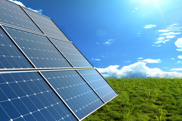 Solar energy with green glass and blue sky background