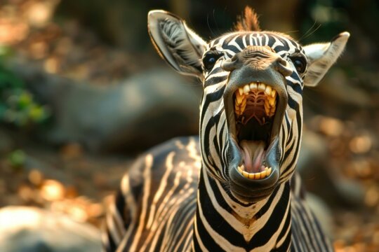 Zebra standing and showing teeth in nature