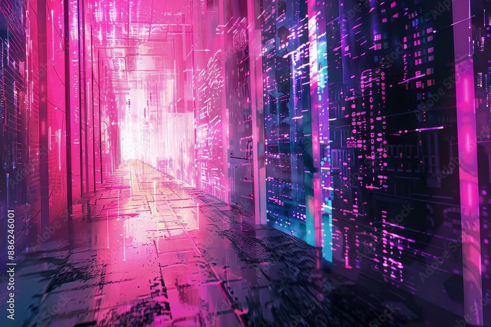 Poster a hallway brightly lit by purple and pink lights, creating a vibrant and unique atmosphere, create a