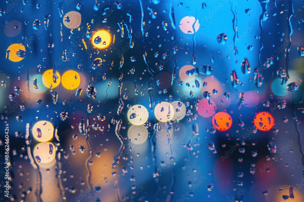 Poster rain is falling on a window creating an abstract bokeh of city lights at night