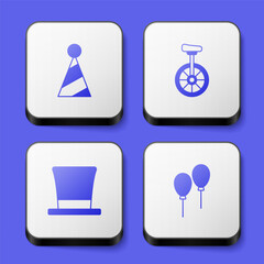 Set Party hat, Unicycle, Cylinder and Balloons with ribbon icon. White square button. Vector