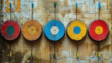 Archery Targets with Arrows on Weathered Wall.