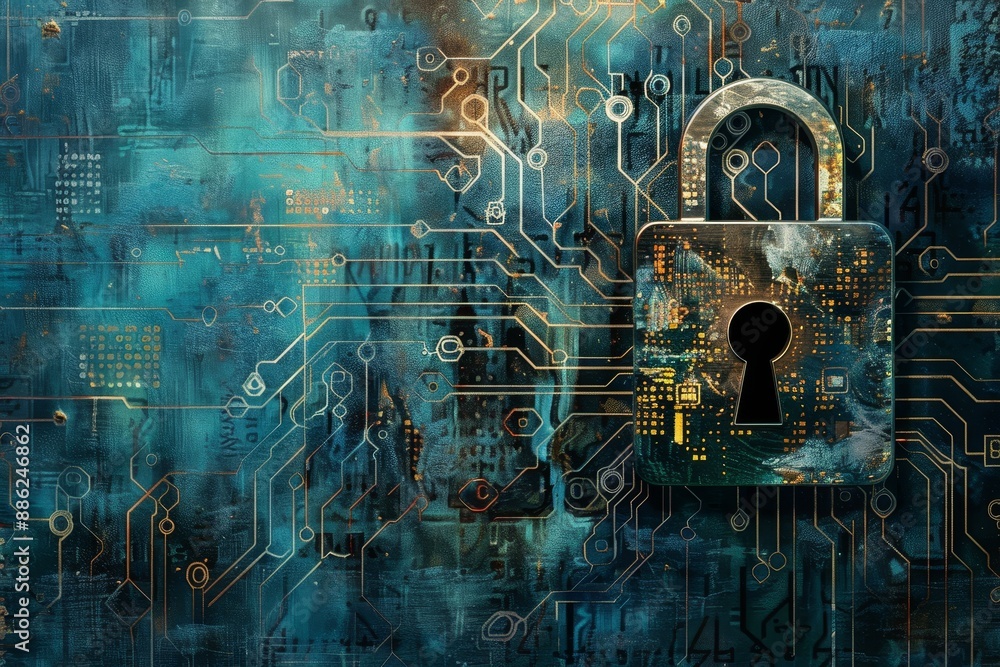 Poster a padlock symbolizing security is placed on a circuit board with a blue background, create a digital