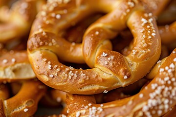 Delicious and freshly baked pretzels stacked and sprinkled with salt, creating a tempting visual