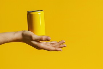 Woman hand holding a yellow aluminum can floating on a yellow background