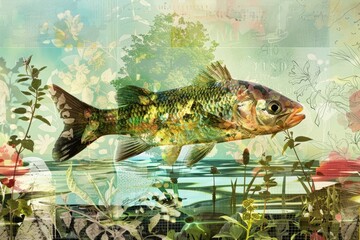 A painting depicting a fish gracefully swimming in its underwater habitat, Create a digital collage of genetically modified organisms interacting with their natural environment