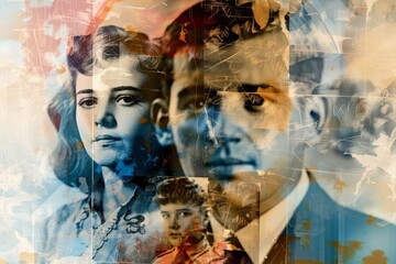 A digital collage featuring a man and a woman from various family photos, Create a digital collage of family photos from different generations, blending old and new memories