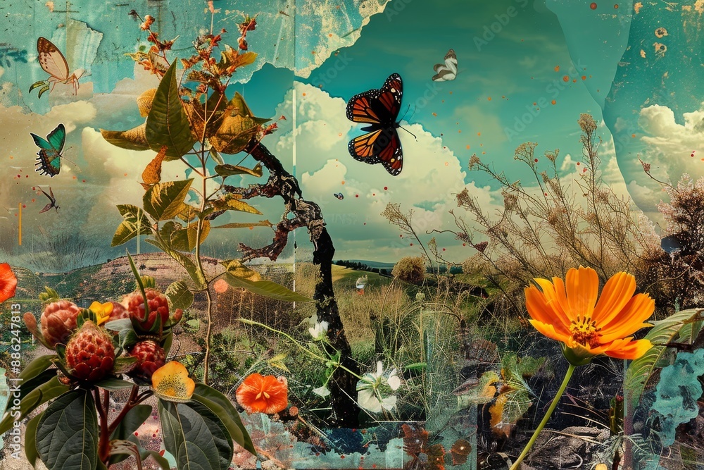 Poster various flowers and butterflies displayed together in a field, create a digital collage of genetical