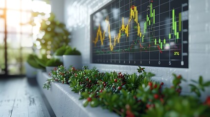 Interactive scatter plot showcasing significant correlation between stock prices and trading volume, reflecting increased investor activity. 3D rendering with clean white wall and subtle plant decor.