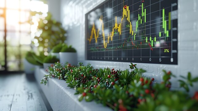 Interactive scatter plot showcasing significant correlation between stock prices and trading volume, reflecting increased investor activity. 3D rendering with clean white wall and subtle plant decor.