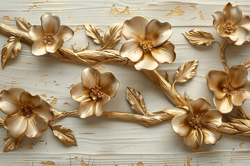 Fototapeta premium Flower buds with pure gold tendrils. Wooden wall background Artificial Intelligence Generative