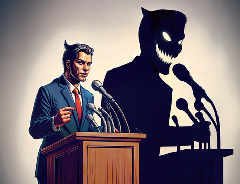 Politician giving a positive speech but his shadow on the wall reflects a demon.