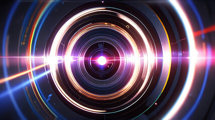 Obraz premium An eye-shaped camera lens capturing abstract patterns of light and color, illustrating the concept of perspective and insight