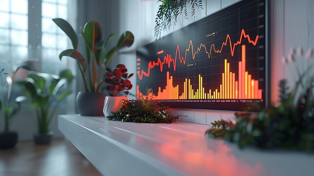 Interactive scatter plot showcasing significant correlation between stock prices and trading volume, reflecting increased investor activity. 3D rendering with clean white wall and subtle plant decor.