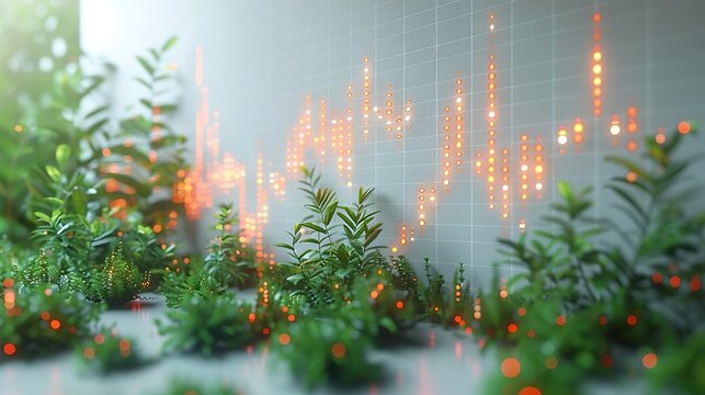 Interactive scatter plot showcasing significant correlation between stock prices and trading volume, reflecting increased investor activity. 3D rendering with clean white wall and subtle plant decor.