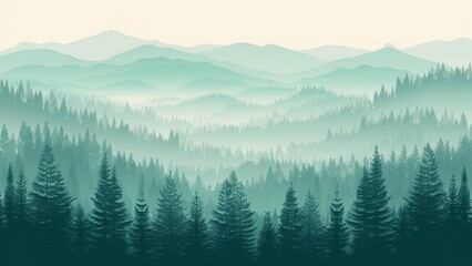 Fototapeta premium Foggy mountain landscape with coniferous forest.