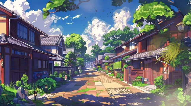 watercolor painting of a village with several traditional houses against a clear sky. cartoon or anime style. footage video animation background