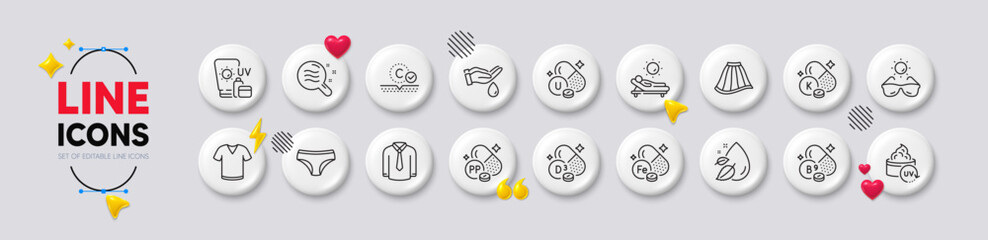 Vitamin k, Collagen skin and Uv protection line icons. White buttons 3d icons. Pack of Water drop, Skirt, T-shirt icon. Folate vitamin, Wash hands, Niacin pictogram. Vector