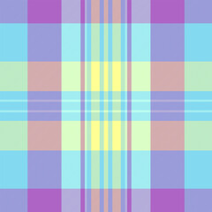 Sewing check plaid seamless, domestic textile pattern background. Summertime tartan texture fabric vector in cyan and purple colors.
