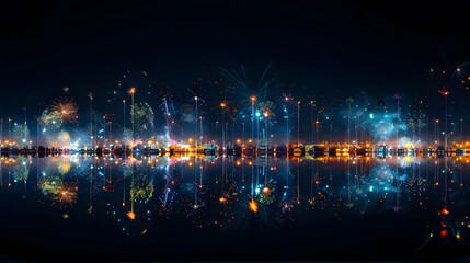 Fototapeta premium Fireworks reflecting over the night sky, Bauhaus style