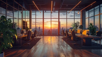 Fototapeta premium Modern Office with Cityscape Sunset View