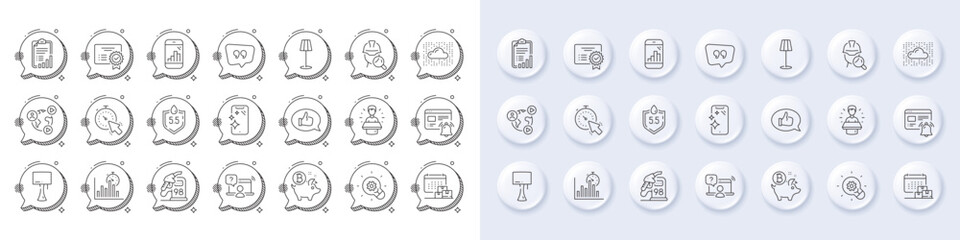 Ph neutral, Report timer and Video conference line icons. White pin 3d buttons, chat bubbles icons. Pack of Online question, Table lamp, Smartphone clean icon. Vector