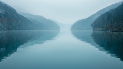 Fototapeta premium Landscape of a foggy lake in the mountains on a cold winter day