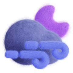 Purple crescent moon in cloud with wind isolated. Weather forecast icon. Climate elements. 3D Wool felt style illustration. 