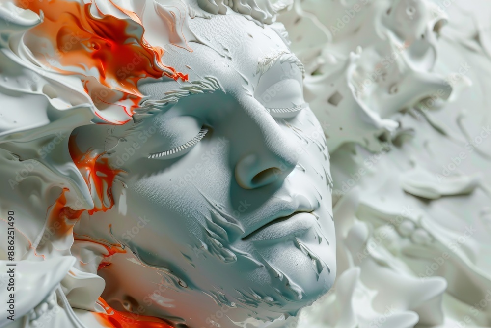 Poster a detailed view of a face adorned with vibrant red paint, creating a striking and bold visual statem