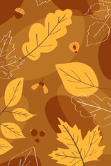 Pattern on a brown background with yellow autumn leaves in outline and seeds for a smartphone theme. Flat doodle style. Vector illustration.