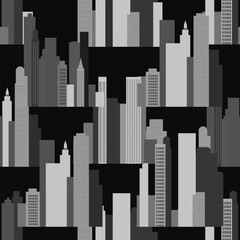 A monochrome pattern showcasing a city with buildings, rectangles all arranged in a seamless design. The black and white tones. Flat style vector