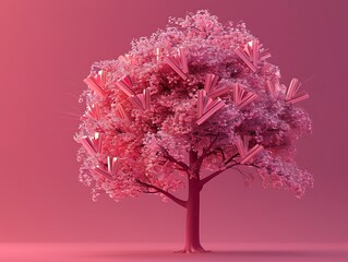 Fototapeta premium beautiful 3D tree with books as leaves each book radiating knowledge set against solid rose pink background. The image is symbol of the power of education.
