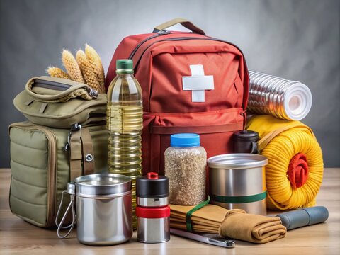 A carefully packed emergency kit or go bag with essential survival items including water, non-perishable food, flashlight, and first aid kit, ready for quick evacuation.